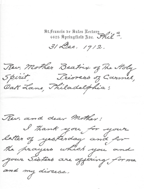 Dougherty to Rev. Mother Beatrix 31 Dec 1912